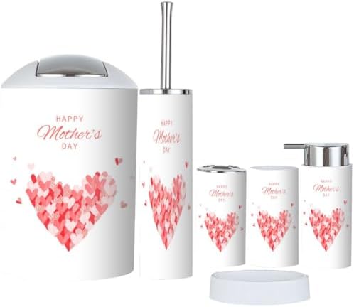 6 Piece Bathroom Accessory Set Pink Red Heart Shapes 1