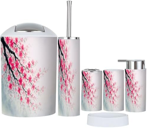 Boho Spring Cherry Blossom Bathroom Accessory Set 6 Piece