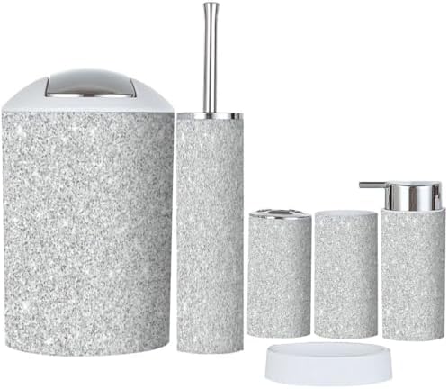 6 Piece Silver Glitter Bathroom Accessory Set