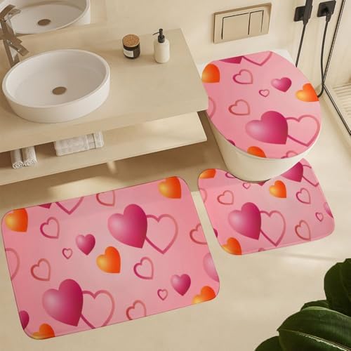 Kuizee Heart Pattern Shower Curtain Set with 4 Pieces Non-Slip Rugs