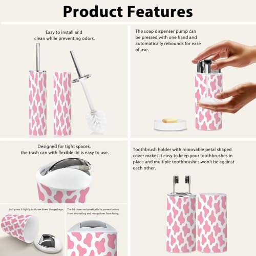 TRANQDEHOM 6-Piece Boho Bathroom Accessory Set with Pink Cow Texture