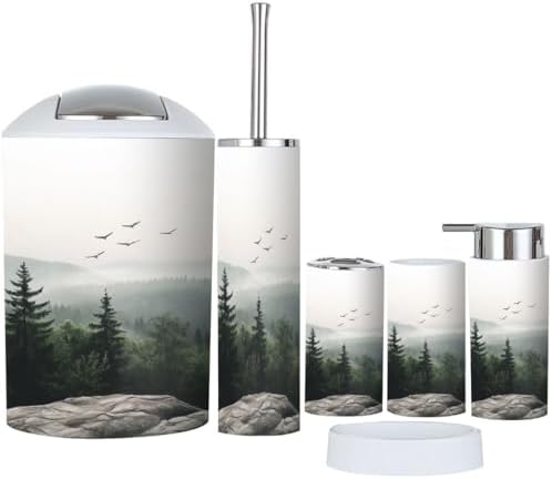 6 Piece Mountain Foggy Forest Bathroom Accessory Set