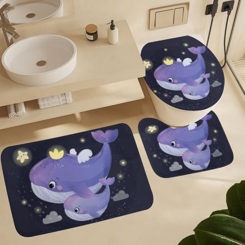 Kuizee 4-Piece Whale Motherhood Shower Curtain Set with Non-Slip Rugs