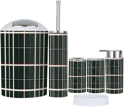 Boho Bathroom Accessory Set 6 Piece with Tartan Plaid Design