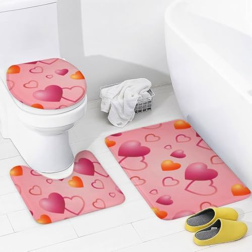 Kuizee Heart Pattern Shower Curtain Set with 4 Pieces Non-Slip Rugs