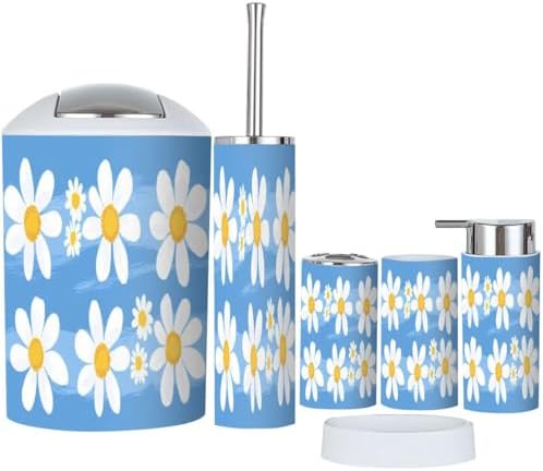 Boho Bathroom Accessory Set 6 Piece White Daisy Design
