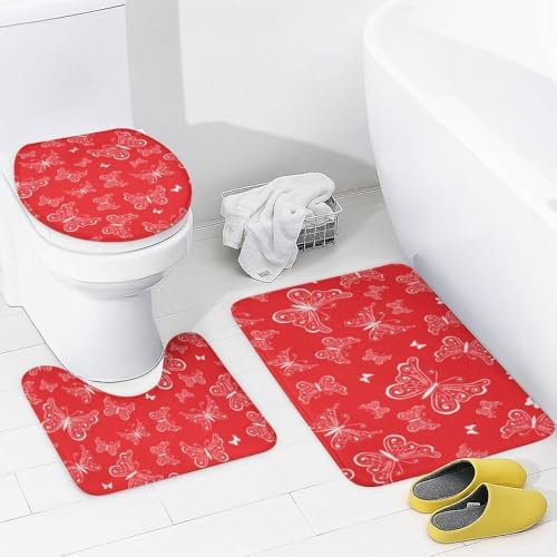 Kuizee 4 Piece Red Butterfly Shower Curtain Set with Non-Slip Rugs