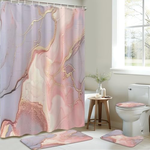 JCOOKLOFTS 4 Piece Shower Curtain Set Rose Grey Gold Stone Texture
