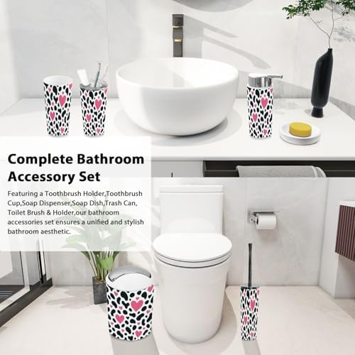 Boho Dalmatian Spot Pink Heart Bathroom Accessories Set 6 Piece