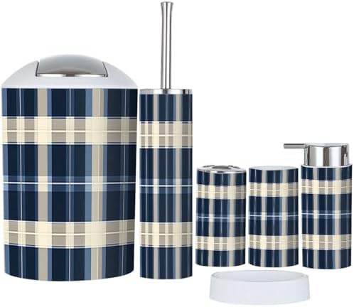 Boho Bathroom Accessory Set 6 Piece Blue Gingham Tonal
