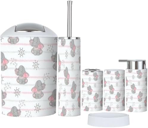 6 Piece Bathroom Accessory Set with Cute Sailor Elephants Design