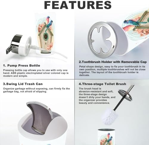 6 Piece Bathroom Accessory Set with Birdhouse Flowers Design
