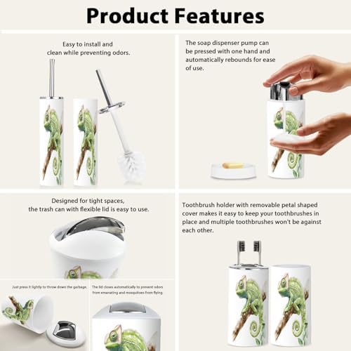 Boho Green Chameleon Animal Bathroom Accessory Set of 6