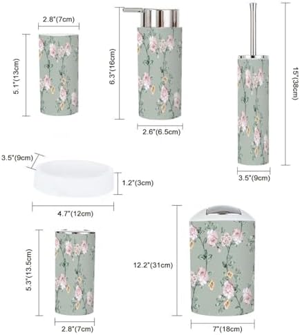 6 Piece Bathroom Accessory Set Pink Brown Flowers Green Leaves