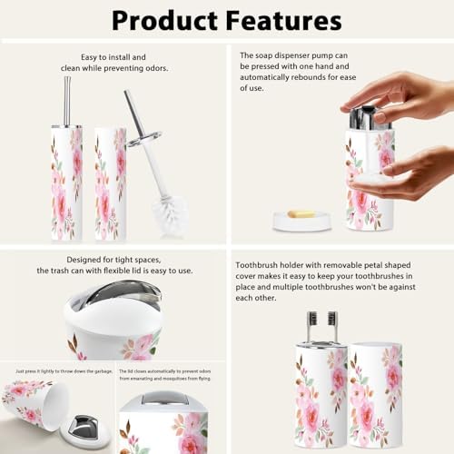 Boho Peach Rose Flower Bathroom Accessory Set 6 Piece