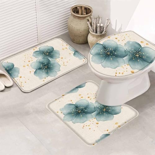 Wotrend Spring 3 Piece Bath Rug Set Modern Floral Linen Texture