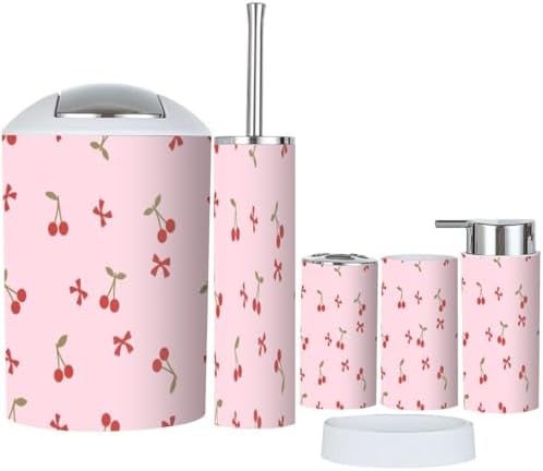 6 Piece Bathroom Accessory Set with Red Ribbon Bow Design