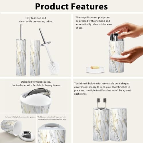 Boho Bathroom Accessory Set 6 Piece Gold White