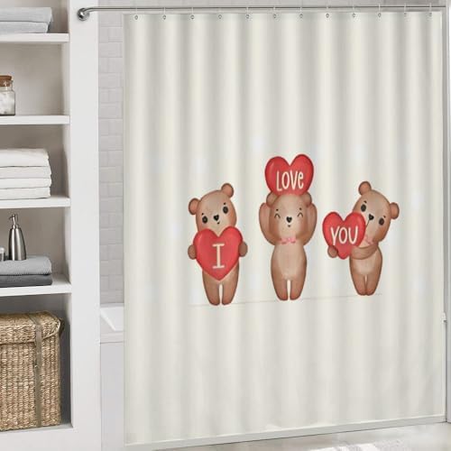 Kuizee 4-Piece Shower Curtain Set with Brown Teddy Bear Rugs