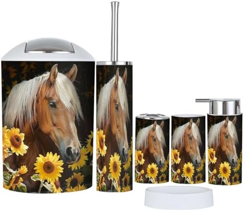 6 Piece Bathroom Accessory Set - Modern Horse Sunflower Design