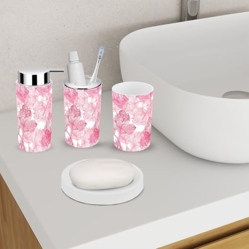 Elegant Pink Roses Bathroom Accessory Set 6 Piece
