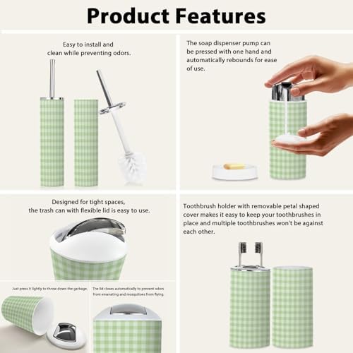 Boho Green White Plaid Bathroom 6-Piece Accessory Set