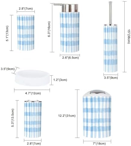 Boho Blue Gingham Bathroom Accessory Set 6 Piece