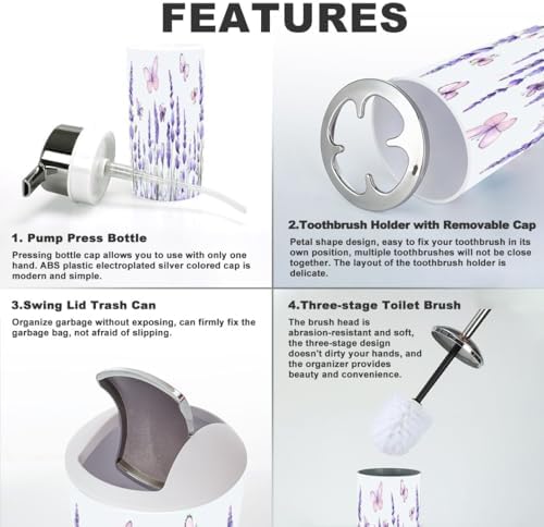 6-Piece Bathroom Accessory Set with Lavender Flowers and Butterflies Design
