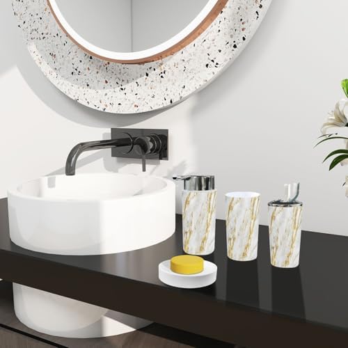 Boho White Gold Marble Bathroom Accessory Set 6 Piece