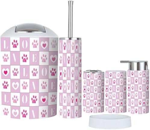 Cute Plaid Heart Bathroom Accessory Set 6 Piece