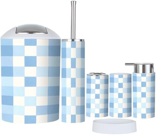 Boho Blue Checkered Bathroom Accessory Set of 6
