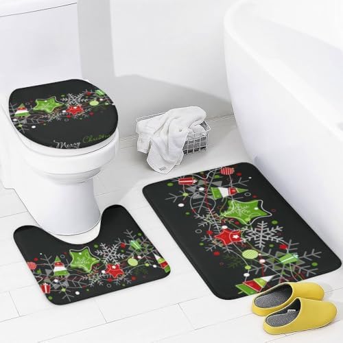 Kuizee 4-Piece Shower Curtain Set with Rugs Christmas Stars Snowflakes