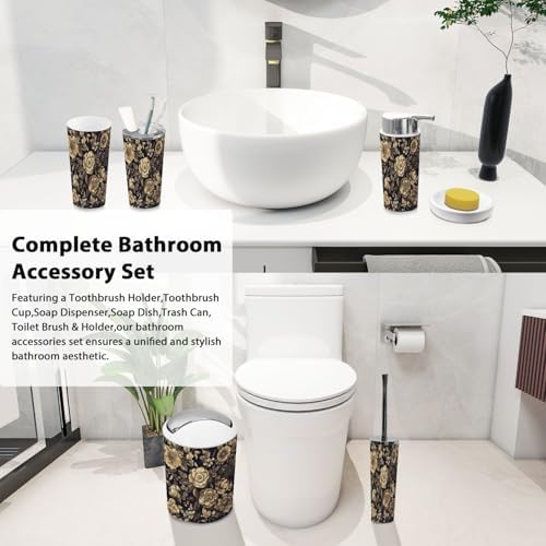 Boho Bathroom Accessory Set 6 Piece Black Gold Print 1