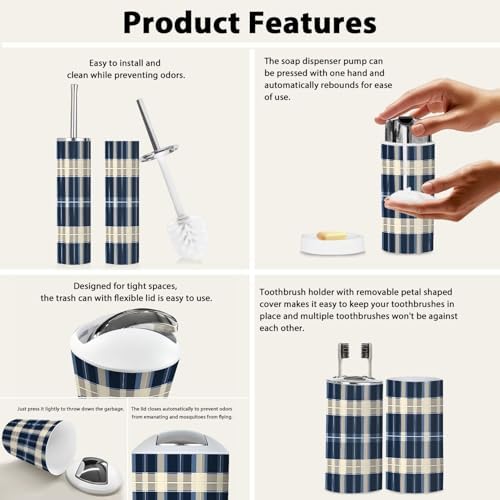 Boho Bathroom Accessory Set 6 Piece Blue Gingham Tonal