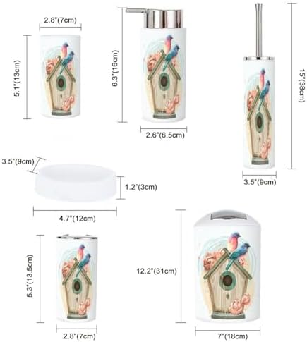 6 Piece Bathroom Accessory Set with Birdhouse Flowers Design