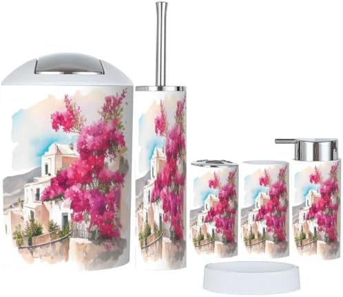 6 Piece Bathroom Accessory Set with Santorini Landscape Design