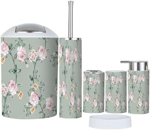 6 Piece Bathroom Accessory Set Pink Brown Flowers Green Leaves