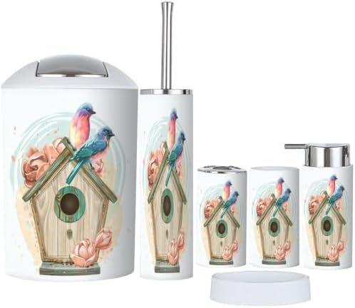 6 Piece Bathroom Accessory Set with Birdhouse Flowers Design