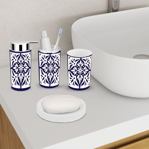 6 Piece Bathroom Accessory Set Blue White Tile Delft Style
