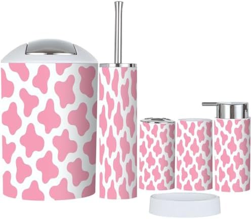 TRANQDEHOM 6-Piece Boho Bathroom Accessory Set with Pink Cow Texture