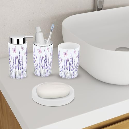 6-Piece Bathroom Accessory Set with Lavender Flowers and Butterflies Design