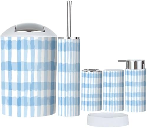 Boho Blue Gingham Bathroom Accessory Set 6 Piece
