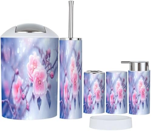 Boho Style 6-Piece Bathroom Accessory Set with Pink Roses