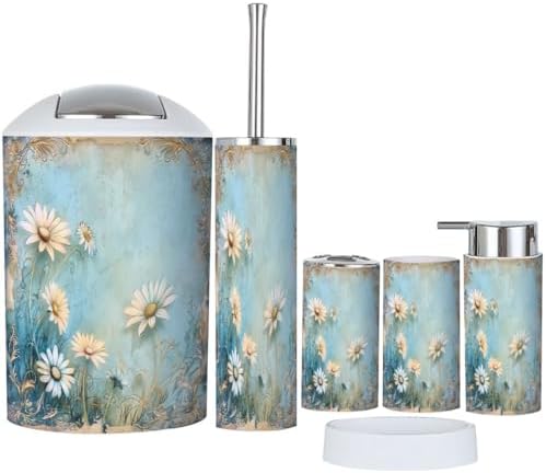 Ornate White Daisies Bathroom Accessory Set 6 Piece 1