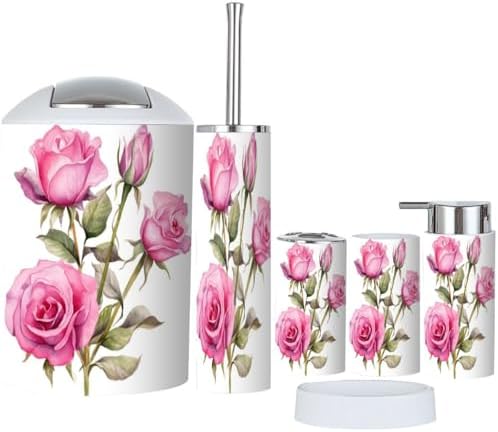 Bathroom Accessory Set 6 Piece Pink Rose Flower Design