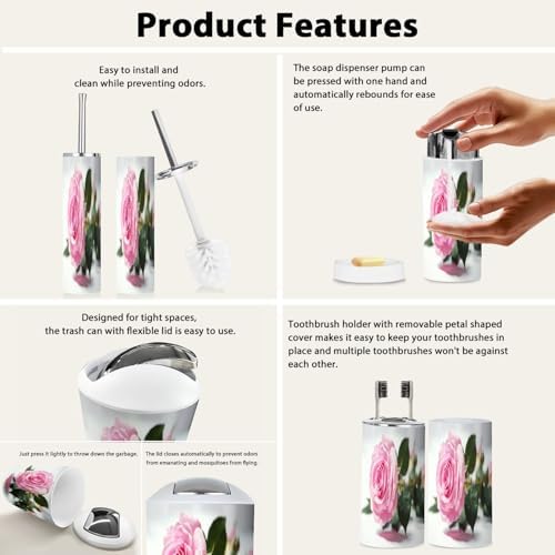 Boho Pink Roses Bathroom Accessory Set 6 Piece