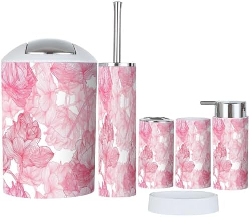 Elegant Pink Roses Bathroom Accessory Set 6 Piece