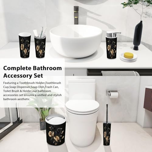 Boho Gold Black Roses Bathroom Accessory Set 6 Piece