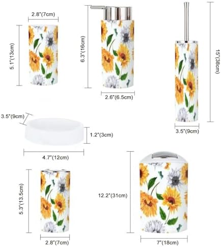 6 Piece Bathroom Accessory Set with Sunflowers and Butterflies Design