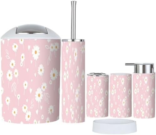 6 Piece Bathroom Accessory Set with Daisy Flower Heart Design